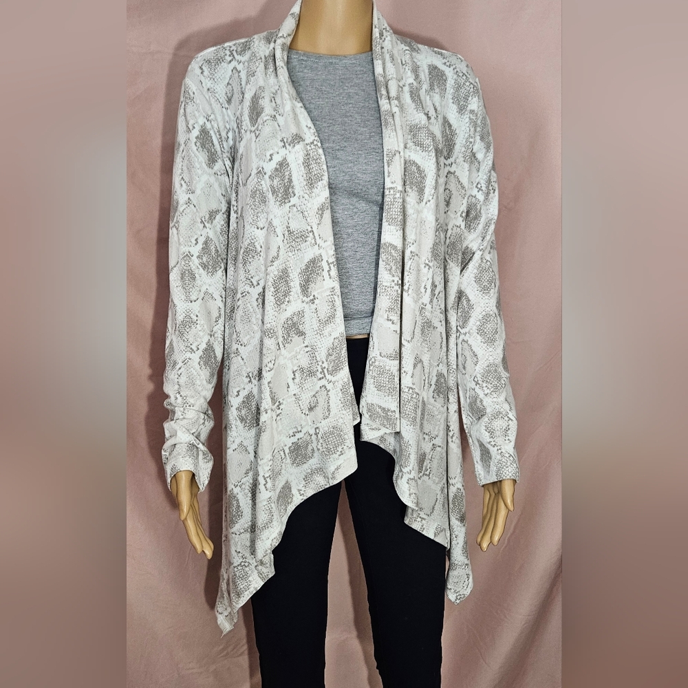 Bobeau Drape Open Front Snake Print Cardigan.